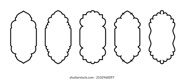 Formas de janela de arco islâmico árabe para Ramadã Kareem. Conjunto de estruturas de contorno marroquinas, turcas e árabes. Porta da mesquita, padrão de arco, elementos de arquitetura islâmica isolados sobre fundo transparente.
