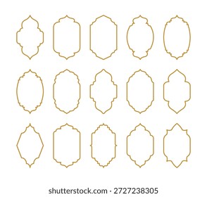 Arabic Islamic architecture vector collection with golden geometric arches, mosque windows and doors. Oriental ornate frames and silhouettes inspired by Moroccan gates for Ramadan and Eid Mubarak designs.