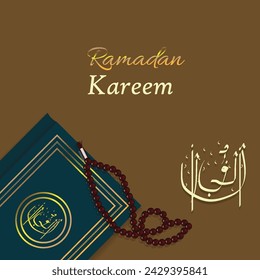 Arabic Islamic background of Ramadan Kareem text with Quran and Tasbih, on abstract background. Vector illustration.
