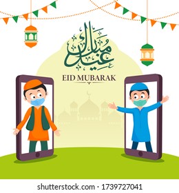 Arabic Islamic Calligraphic text Eid Mubarak, Muslim Boys wearing mask, wishing each other on call. Eid Mubarak concept during Covid-19.