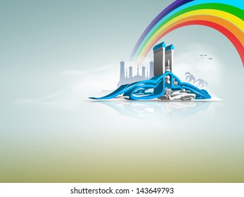 Arabic Islamic calligraphy of 3D text Eid Mubarak with rainbow on abstract background.