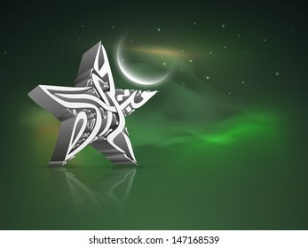 Arabic Islamic calligraphy of 3D text Eid Mubarak on shiny moonlight noght on green background