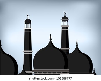 Arabische islamische Kalligrafie von Eid Mubarak Text mit Moschee oder Masjid Silhouette auf modernen abstrakten bunten Wellenhintergrund.EPS10. Bearbeitbare Vektorgrafik.