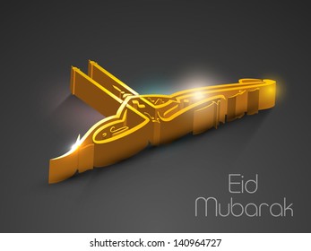 Arabic Islamic calligraphy of golden text Eid Mubarak on abstract grey background.