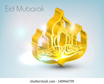 Arabic Islamic calligraphy of golden text Eid Mubarak on abstract background.