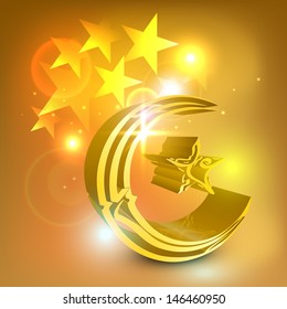 Arabic Islamic calligraphy of golden text Eid Mubarak on golden stars background.