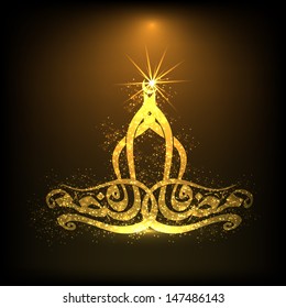 Arabic Islamic calligraphy of golden text Eid Mubarak on abstract brown background. 