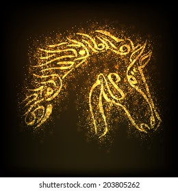 Arabische islamische Kalligrafie des goldenen Textes Eid Mubarak auf braunem Hintergrund für Musik-Community-Festivalfeiern.