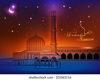 Arabic Islamic calligraphy of Ramada Kareem text with Mosque or Masjid on night abstract background in blue color. EPS 10. Vector Illustration.