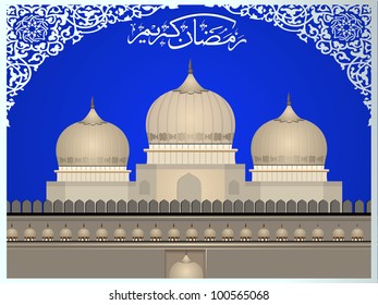 Arabic Islamic calligraphy of Ramazan Kareem text with Mosque or Masjid on modern abstract background in blue and silver color. EPS 10 Vector Illustration.