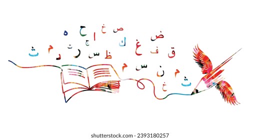 Arabic Islamic calligraphy symbols. Colorful pencil with wings and book vector illustration. Design for creative writing and creation, storytelling, blogging, education, book cover and website