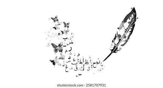 Arabic Islamic calligraphy symbols with feather vector illustration. Arabic alphabet text design. Typography background, education concept, creative writing and storytelling	
