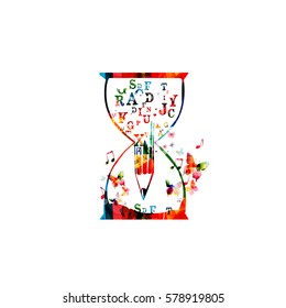 Arabic Islamic calligraphy symbols inside hourglass isolated. Colorful Arabic alphabet text with pencil design. Typography background, education, creative writing, storytelling vector illustartion