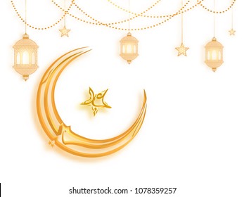Caligrafia árabe islâmica do texto Eid Mubarak, em forma de lua dourada com lanternas suspensas e estrelas sobre fundo branco.