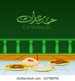 Arabic Islamic calligraphy of text Eid Mubarak with sweets for Eid festival celebration.