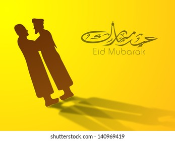 Arabic Islamic calligraphy of text Eid Mubarak with Muslim mans in traditional outfits wishing each other on yellow background.