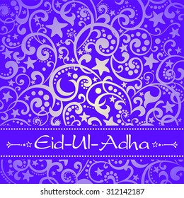 Arabic islamic calligraphy of text Eid-Ul-Adha in moon shape on floral design decorated violet background.  Vector Illustration