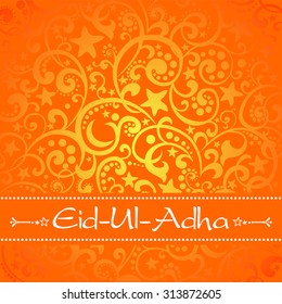 Arabic islamic calligraphy of text Eid-Ul-Adha in moon shape on floral design decorated grey background. Vector Illustration