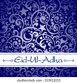 Arabic islamic calligraphy of text Eid-Ul-Adha in moon shape on floral design decorated blue background. Vector Illustration