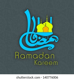 Arabic Islamic calligraphy of text Ramadan Kareem with Mosque on grey background.