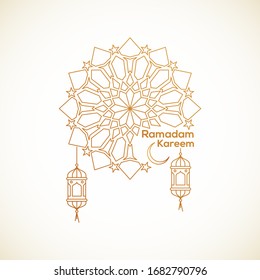Arabic Islamic Calligraphy text Ramadan Kareem with Hanging Arabic Lamp and Mandala Pattern.