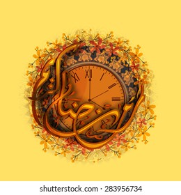 Arabic Islamic calligraphy of text Ramadan Kareem in crescent moon shape on beautiful flowers decorated clock showing prayers time, for Muslim community festival celebration.
