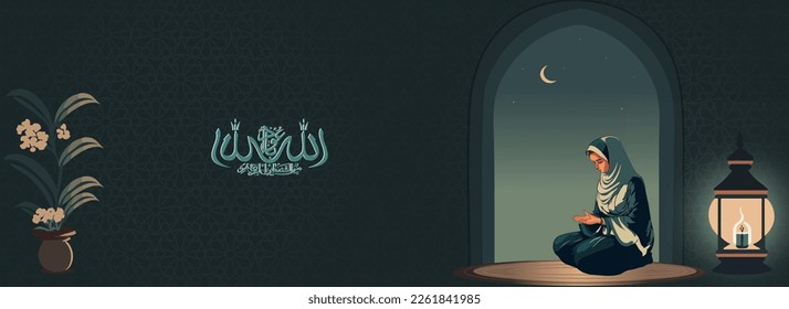 Arabic Islamic Calligraphy of Wish (Dua) Audhu Billahi Minashaitanir Rajeem (Fear of Allah brings Intelligence, Honesty and Love) With Muslim Woman Offering Namaz (Prayer).