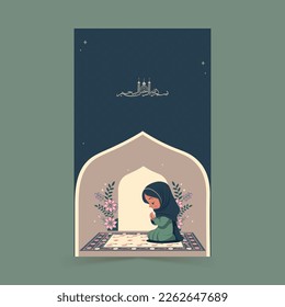 Arabic Islamic Calligraphy of Wishes (Dua) Bismillahirrahmanirrahim (in the name of Allah, most gracious, most merciful) And Muslim Young Girl Offering Prayer (Namaz) On Mat.