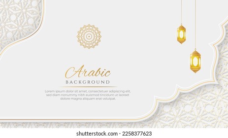 Arabic Islamic Elegant Luxury White and Golden Ornamental Background with Decorative Islamic Lanterns