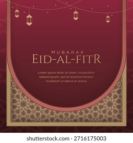 Fondo elegante árabe islámico de diseño de Plantilla de redes sociales de oro y rojo con saludos y linternas de Eid