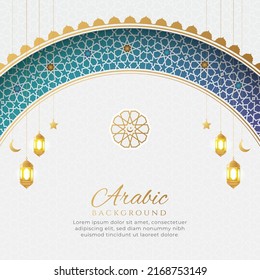 Arabic Islamic Elegant White and Golden Luxury Colorful Background with Islamic Arch and Decorative Lanterns