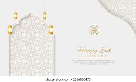 Arabic Islamic Elegant White and Golden Luxury Ornamental Background with Decorative Lanterns