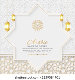 Arabic Islamic Elegant White and Golden Luxury Ornamental Background with Decorative Lanterns