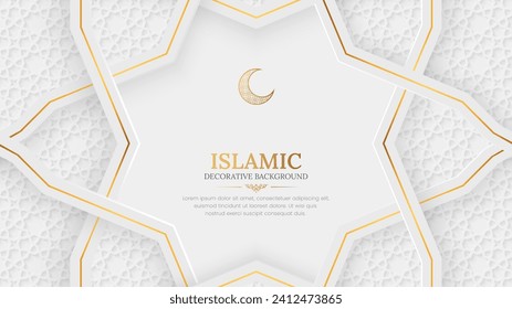 Arabic Islamic Elegant White and Golden Luxury Ornamental Background with Islamic Pattern and Decorative Ornament Border Frame