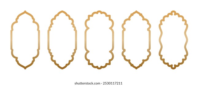 Formas de ventana de oro árabe e islámico, arcos para puertas de mezquitas. Conjunto de elementos Ramadan Kareem. Iconos de la puerta de la mezquita, patrones marroquíes en estilo de Vector. Fondo transparente, para las redes sociales y la etiqueta