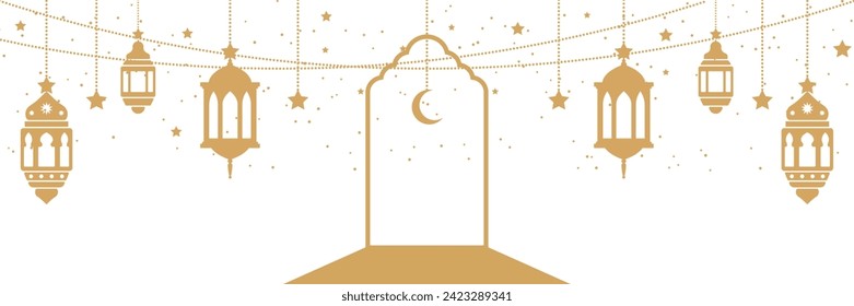 Vector de linterna colgante islámico árabe. Ventana o puerta de kareem de Ramadán con linternas doradas, estrellas e ilustración de la luna. Eid Mubarak aisló elementos.