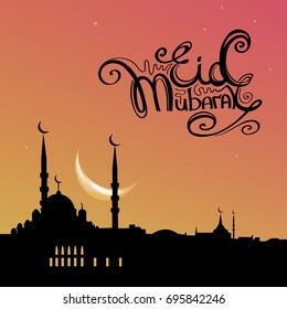 Arabic islamic holiday Eid Mubarak greeting card with mosque silhouette on sunset sky and handwritten lettering. Vector illustration