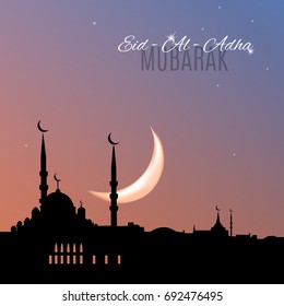 Arabic islamic holiday Eid-Al-Adha Mubarak greeting card with mosque silhouette on sunset sky bakground. Vector illustration.
