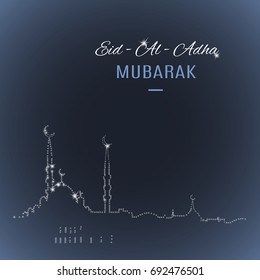 Arabic islamic holiday Eid-Al-Adha Mubarak greeting card with mosque silhouette on dark bakground. Vector illustration.