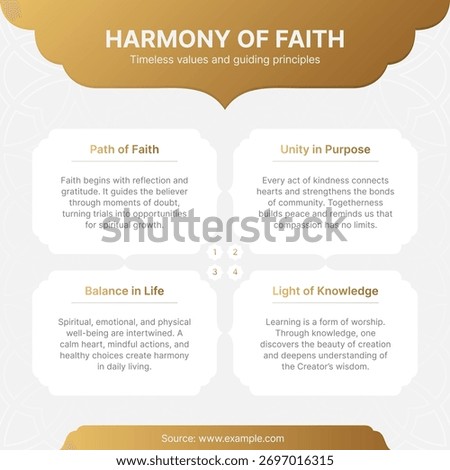 Arabic Islamic Infographic Template with Elegant Golden Arch Frames for Social Media and Concepts
