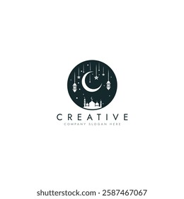 Arabic islamic logo design,Ramadan kareem design, Mosque icon crescent moon Vector design greeting islamic symbol