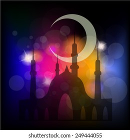 Arabic Islamic. Ramadan Kareem with view of mosque in shiny moonlight night.