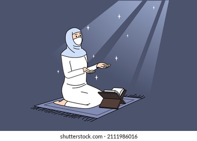 Arabic islamic religion and spirituality concept. Woman arabic ethnicity in traditional clothing and koran sitting on mosque on knees and praying vector illustration 
