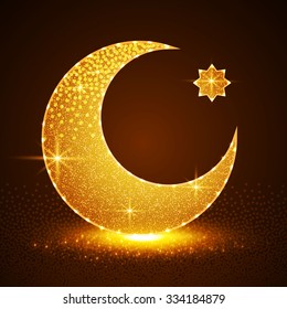 Arabic Islamic Shiny Crescent Moon & Star. Eid Mubarak Greetings. Vector illustration