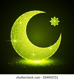 Arabic Islamic Shiny Crescent Moon & Star. Eid Mubarak Greetings. Vector illustration