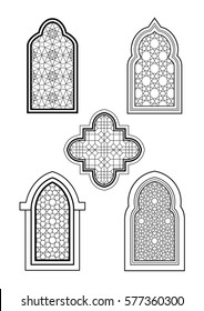 Arabic or Islamic traditional architecture, set of windows. For greeting card, coloring page and other