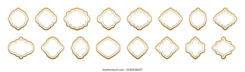 Formas de ventana de oro vintage árabe e islámico, arcos, puertas de la mezquita. Conjunto de elementos Ramadan Kareem. Iconos de la puerta de la mezquita, patrones marroquíes en estilo de Vector. Fondo transparente, para las redes sociales, etiqueta