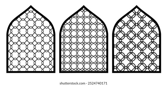 Forma árabe o islámica de la ventana con el sistema del patrón de mashrabiya. Elemento de arquitectura islámica de ventana, puerta. Patrón girikh de Plantilla, silueta arco árabe. Patrón CNC, puertas ornamentales Plantilla de Vector