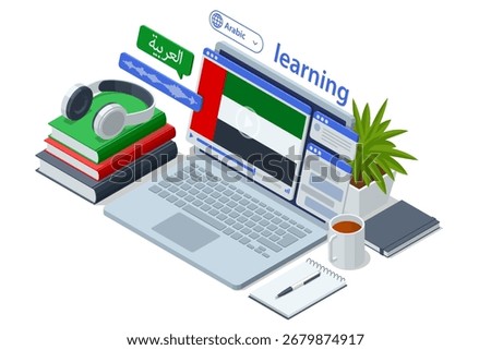 Arabic. Isometric person learning a foreign language with a virtual assistant on a tablet, showcasing modern digital education. Modern AI assistant for education, e-learning