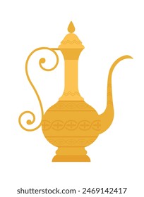 Arabic jug. Golden vintage middle east vessel for cold drinks. Precious metal  tableware with ornaments. Minimalist flat vector illustration. Isolated